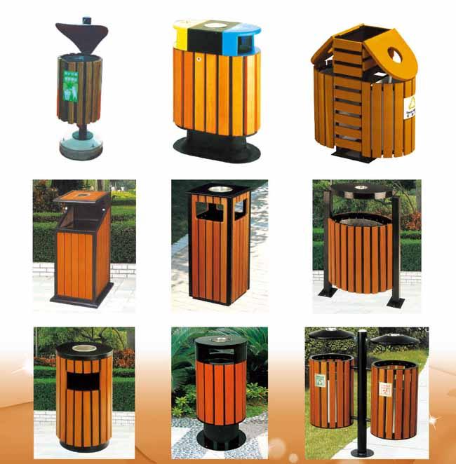 Solide Wooden Trash Cans ,  Park Trash Cans For Public Place With Steel Frame